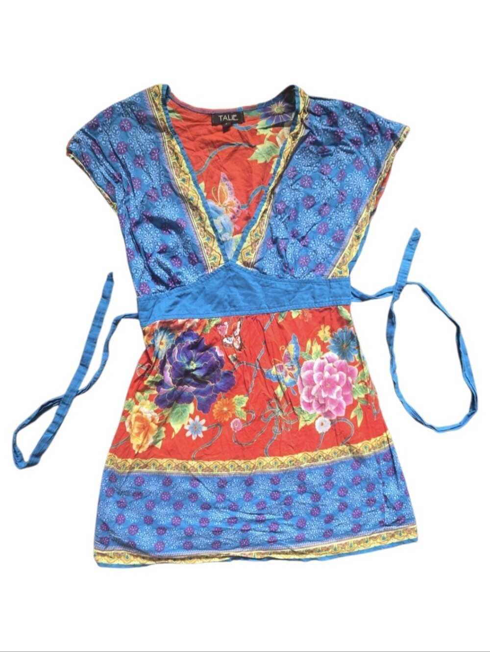 Talie Vibrant Floral & Butterfly Print Boho Tunic Top - V-Neck, Tie Waist - S